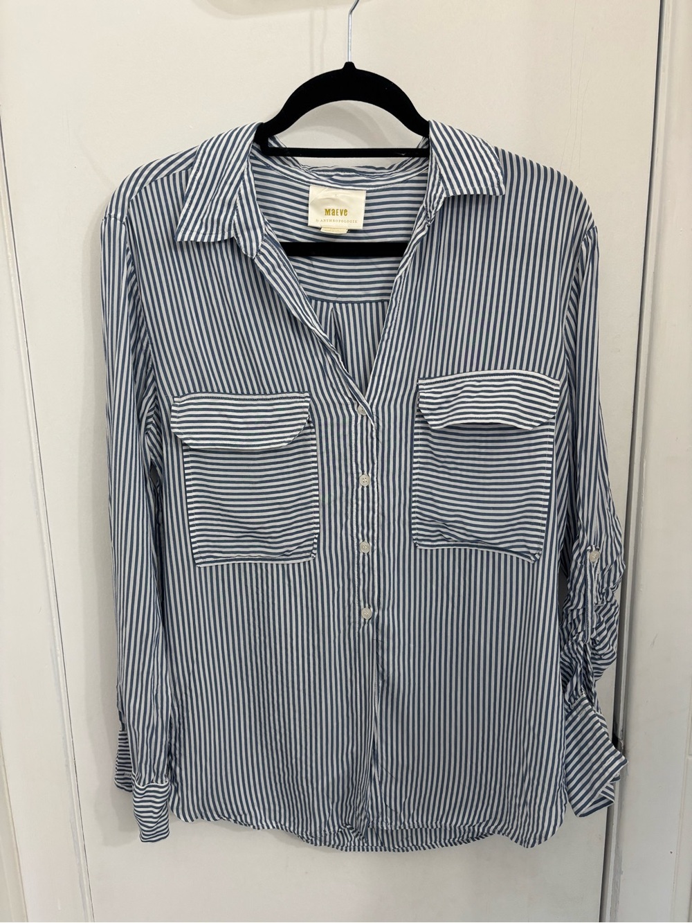 Maeve Striped Button-Up Shirt in Blue and White
